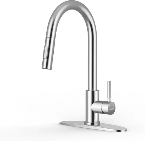 Vista 9 de WEWE Grifo de cocina de acero inoxidable de 14.5 pulgadas de alto con rociador extraíble, grifo de fregadero giratorio de 360° de níquel cepillado