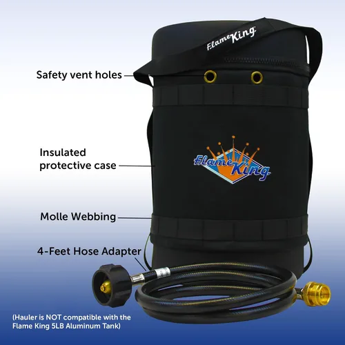 Vista 4 de Flame King Kit de transportador de gas – Funda de transporte protectora aislada para tanque de propano de 5 libras más manguera adaptadora