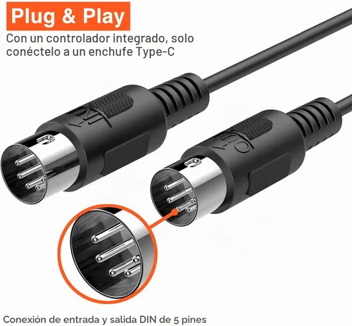 Vista 6 de LEKATO Cable MIDI, MIDI a USB C, interfaz MIDI tipo C con conexión de entrada y salida, teclado/sintetizador para edición de grabación, cable
