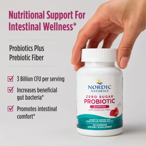 Vista 6 de Nordic Naturals Gomitas probióticas cero azúcar, sabor fresa y sandía, 40 gomitas - Apoya el bienestar digestivo y la salud inmunológica - Sin OMG