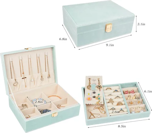 Vista 5 de Joyero organizador de 2 capas para mujeres y niñas, estuche de almacenamiento para aretes, anillos, collares, regalo para mujeres (verde)