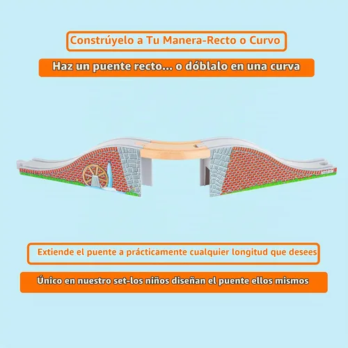Vista 7 de Paquete de expansión de vías de tren de madera de 68 piezas con puente arqueado, barcaza de locomotora, muelle, punto de control de parada y salida