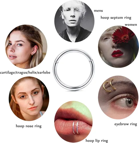 Vista 6 de Jstyle 8Pcs 16G Surgical Steel Hinged Clicker Segment Nose Rings Hoop Helix Cartilage Daith Tragus Sleeper Earrings Body Piercing 6-12MM Improved