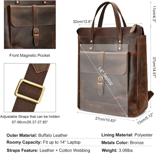 Vista 6 de S-ZONE Mochila de piel auténtica para mujer, con estilo retro, estilo vintage