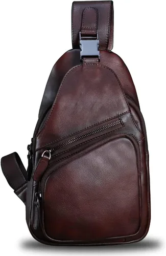 Vista 2 de LRTO Bolso de cuero genuino para hombres y mujeres, estilo vintage, de cuero auténtico, bandolera de hombro, bolso cruzado en el pecho, Café, Único