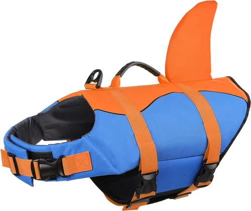 Vista 33 de Queenmore Chaleco Salvavidas para Perros Tiburón, Chaleco de Natación de Alta Flotabilidad, Chalecos Salvavidas para Perros Ajustables y Fáciles