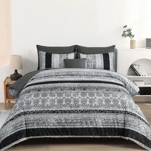 Vista 37 de Cottolester - Juego de edredón bohemio de tamaño matrimonial, 8 piezas, ropa de cama de microfibra suave en una bolsa, rayada y de color aguamarina