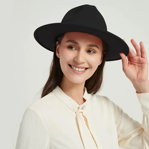 Vista 5 de jingsha Sombreros Fedora para hombres y mujeres de ala ancha Fedora de fieltro de Panamá, sombreros de vestir para hombre con hebilla de cinturón