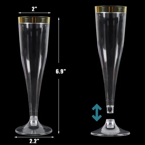 Vista 2 de Zcaukya 100 copas de champán de plástico, 4.5 onzas, vasos duros desechables transparentes con borde dorado, copas de champán de plástico