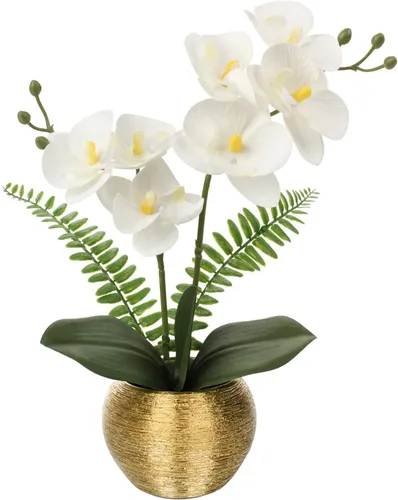 Vista 8 de Briful Pequeñas flores artificiales de orquídeas artificiales de 13 pulgadas en maceta de cerámica plateada, arreglo de orquídeas artificiales