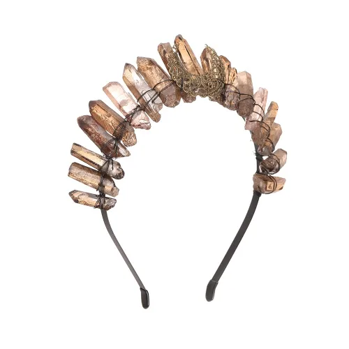 Vista 12 de Bubbmi Diadema de tiara negra de cristal crudo, cuarzo natural, luna, diosa, bruja, moda, banda para el pelo para fiesta de cosplay Wiccan