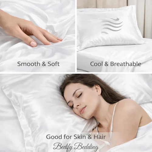 Vista 3 de Juego de funda de edredón de satén de seda – Juego de ropa de cama de lujo de 4 piezas con 1 funda de edredón, 1 sábana bajera