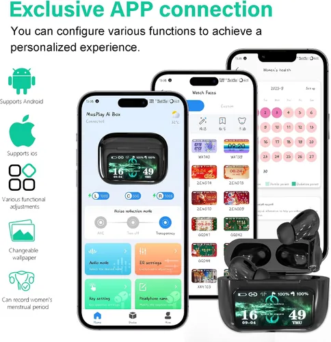 Vista 3 de ONES MusPlayE - Auriculares inalámbricos AI, traductor AI, Bluetooth 5.4 con pantalla táctil, cancelación activa de ruido, conexión con aplicación