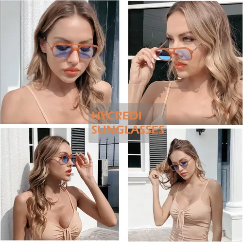Vista 2 de Hycredi Gafas de sol planas retro de los años 70, gafas cuadradas vintage para mujeres y hombres, diseño de metal, protección UV