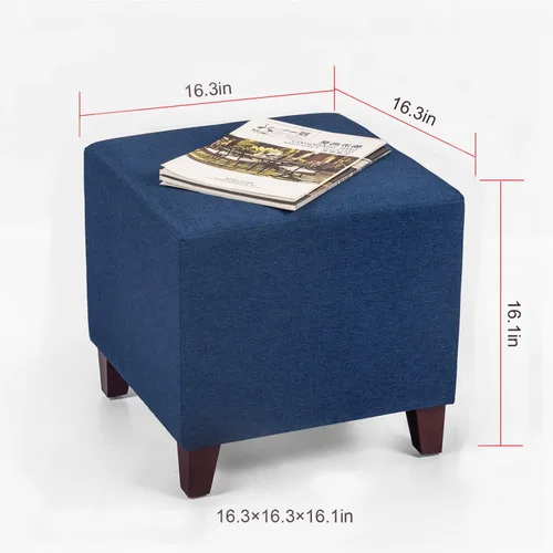 Vista 3 de Asense Reposapiés otomano tapizado de tela de lino con patas de madera, azul