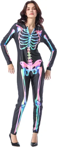 Vista 5 de Seasons Disfraz de esqueleto de Halloween para mujer, patrón colorido de doble cara, luz negra reactiva