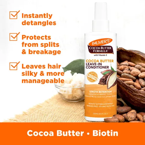 Vista 3 de Palmer's Acondicionador sin enjuague de Mantequilla de Cacao y Biotina para retener el largo, fortalece, minimiza el encrespamiento y desenreda