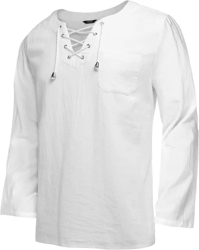 Vista 5 de COOFANDY Camisas de lino de algodón para hombre, con cordones, casuales, para playa, hippie, cuello en V