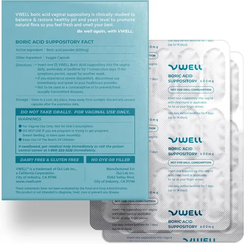 Vista 6 de Supositorios vaginales de ácido bórico VWELL - Mantiene y equilibra el pH vaginal saludable y el microbioma para manejar el olor, picazón, ardor e