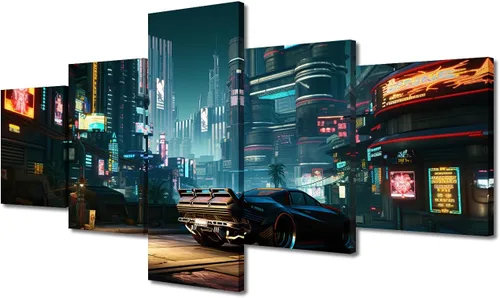 Vista 97 de Póster de 5 paneles en lienzo para decoración de pared, diseño de centro urbano Cyberpunk, impresión moderna, decoración de pared para el hogar