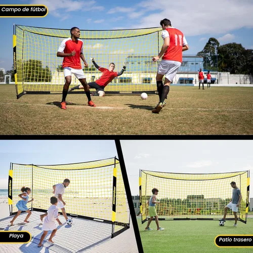 Vista 6 de MangoStar Portería de fútbol, 3,7 x 1,8 m con base metálica plegable, red de fútbol portátil para patio trasero, fácil de montar, red de fútbol