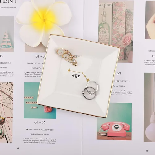 Vista 4 de XJF Aries - Plato para anillos del zodiaco, anillo o collar de astrología, bandeja de cerámica para baratijas, regalos de constelación para mujeres