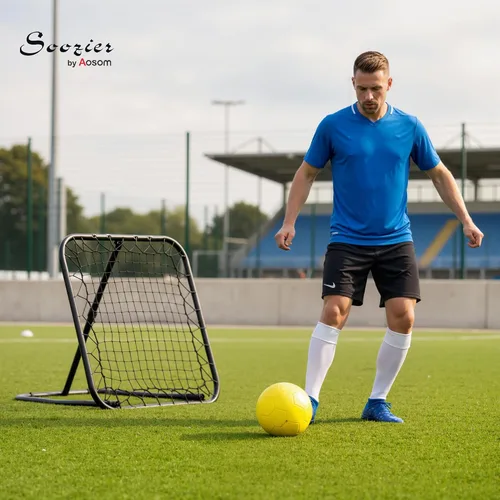 Vista 2 de Soozier Red de rebote de fútbol, 3 x 3 pies, red de portería de entrenamiento portátil ajustable en ángulo con diseño plegable rápido, tubo de metal