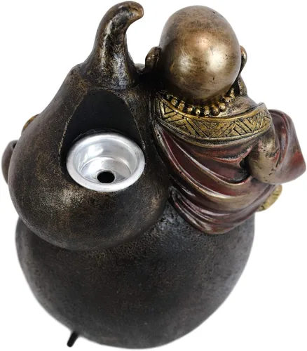 Vista 5 de Ebros Matreiya Laughing Buddha Hotei Sosteniendo lingote de oro sentado en cono gigante de calabaza de vino con cono de reflujo de fondo, estatua