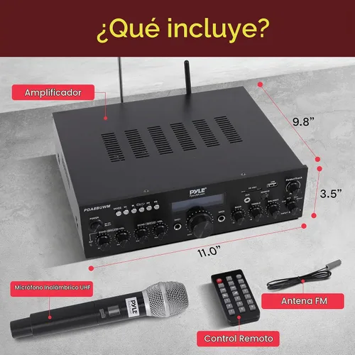Vista 7 de [Usado] Pyle Combo de micrófono inalámbrico/amplificador Bluetooth, potencia máxima de 200 W, receptor de audio estéreo de doble canal con USB