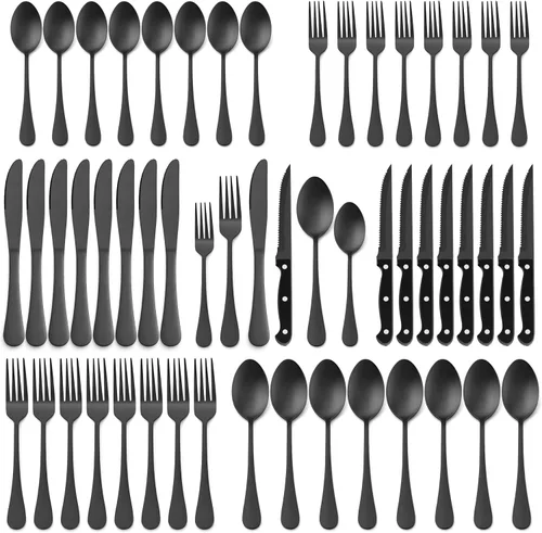 Vista 10 de E-far Juego de cubiertos negros de 24 piezas con cuchillos para carne, cubiertos de acero inoxidable para 4, modernos juegos de utensilios de metal