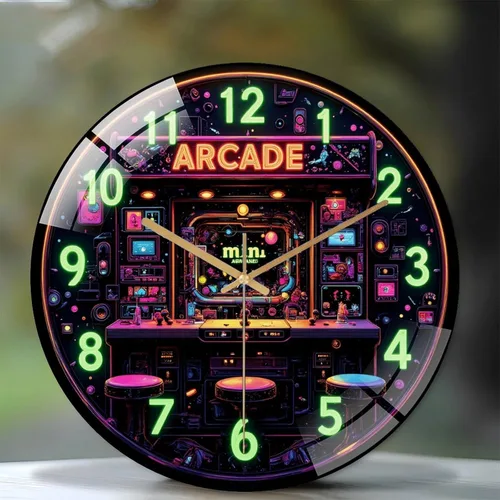 Vista 2 de 12-Inch Silent Tempered Glass Wall Clock, Retro Mini Arcade Clock Neon Art(1) ” Silent Non-Ticking Clock, Battery Operated
