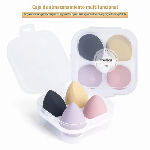 Vista 6 de Esponja de maquillaje COSTICA, 4 piezas, esponja mezcladora de belleza para mezcla de base, esponja mezcladora multicolor con caja