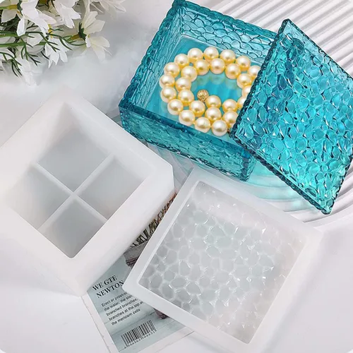 Vista 7 de Caja de almacenamiento cuadrada Moldes de fundición de resina con tapa, caja apilable de ondas de agua, moldes de silicona, estuche de joyería