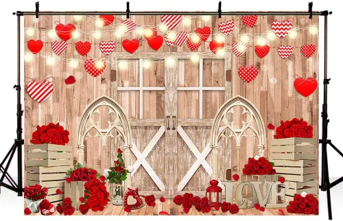 Vista 4 de AIBIIN Telón de fondo para el día de San Valentín de 7 x 5 pies para fotografía, puerta de pared de madera rústica, telón de fondo de San Valentín