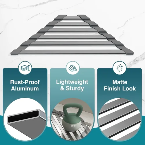 Vista 7 de COOL-ANGLE Escurridor de fregadero de esquina, escurridor triangular de aluminio resistente al óxido, tapete enrollable resistente al calor