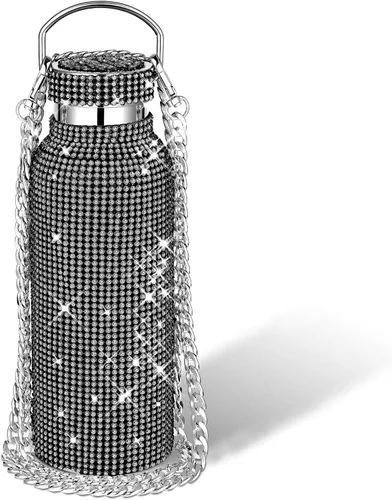 Vista 25 de Geiserailie Botella de agua con diamantes de imitación de acero inoxidable, térmica, recargable, aislada, con cadena, para mujeres y niñas