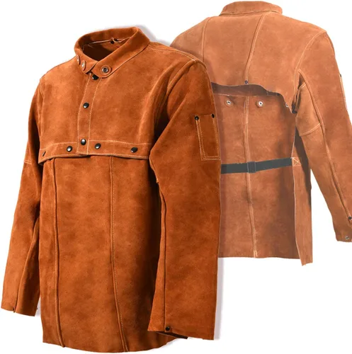 Vista 7 de LeaSeek Chaqueta de Soldadura de Cuero - Delantal de Soldadura de Servicio Pesado con Manga, Cuero de Vaca Resistente al Calor y al Fuego