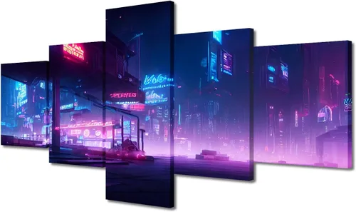 Vista 321 de Cuadros de 5 paneles de Cyberpunk City, arte de pared, representación de vallas publicitarias, edificios modernos en la capital con obras de arte