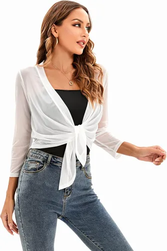 Vista 2 de Cárdigan tipo bolero de manga 34 para mujer, con lazo, ligero, bolero