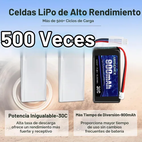 Vista 4 de SCX24 Batería 7.4V Lipos 2S 30C (Ráfaga 60C) 900mAh Batería de Litio Recargable con Enchufe PH2.0 Compatible con la mayoría de coches RC, camiones