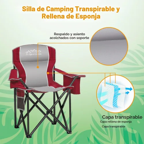 Vista 5 de 2 sillas plegables para camping, portátil, para exteriores, resistentes, acolchadas, silla de césped con soporte para tazas, bolsillo de Rojo-algodón
