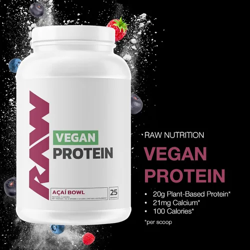 Vista 2 de RAW Acai Bowl - Proteína vegana en polvo, 0.71 oz de proteína a base de plantas en polvo y fortificada con vitaminas para el crecimiento muscular