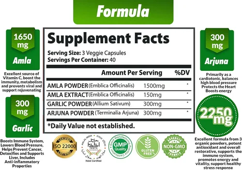 Vista 2 de Cápsulas orgánicas Amla de 2250 mg y Arjuna, Ajo Suplementos naturales de vitamina C, altos antioxidantes, rejuvenecedor Apoya la inmunidad