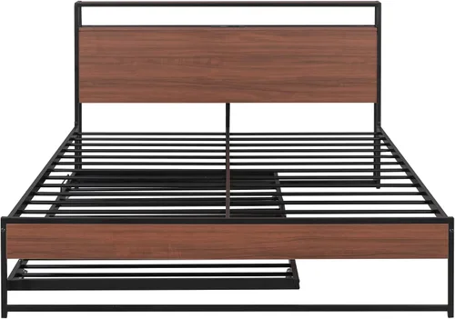 Vista 7 de Harper & Bright Designs Cama de plataforma Queen con nido y puertos USB, marco de cama Queen de metal con cabecera de almacenamiento y soporte