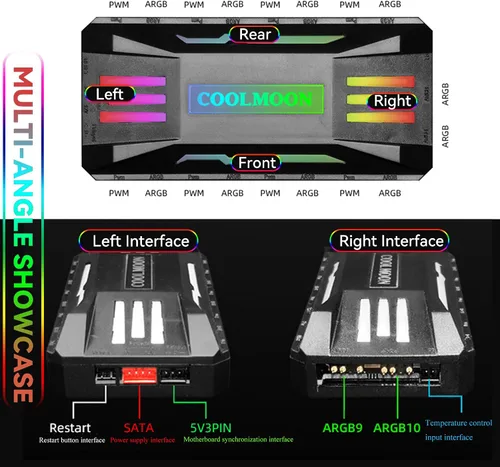 Vista 2 de Integrador de controlador ARGB de ventilador de PC, adaptador de cambio de luz ARGB de control remoto, 8 puertos de controlador de velocidad de Negro