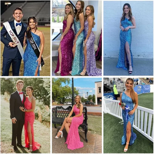 Vista 5 de Clothfun Vestidos de fiesta de lentejuelas de un hombro para mujer, vestidos de noche formales de sirena de manga larga con abertura