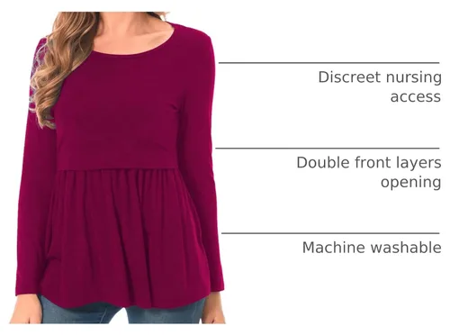 Vista 4 de Bearsland Camiseta de lactancia para mujer, cuello redondo, ropa de embarazo Ajwine Rojo