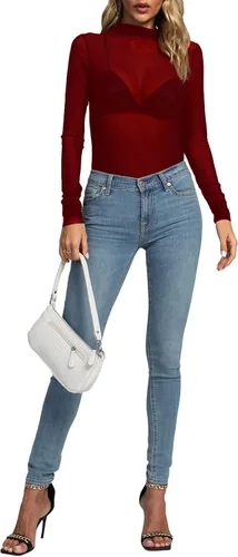 Vista 5 de Rooscier Blusa sexy de malla transparente para mujer, cuello alto falso, manga larga, ajustada