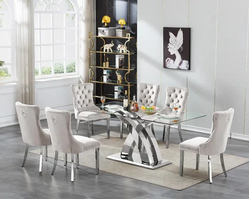 Vista 12 de Juego de mesa de comedor de cristal plateado moderno de 70 pulgadas para 4, juego de mesa de comedor rectangular de 5 piezas con patas de acero
