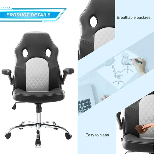 Vista 4 de Silla de oficina ergonómica para videojuegos, silla de oficina de piel sintética, silla de escritorio con respaldo alto, silla de trabajo giratoria